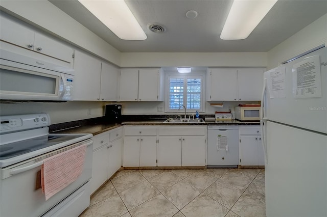 131 Bluff View Dr Unit 208, Belleair Bluffs, FL 33770 - kitchen featuring white appliances, white cabinets, and dark countertops