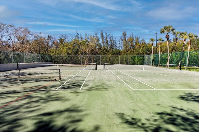 view of tennis court featuring fence