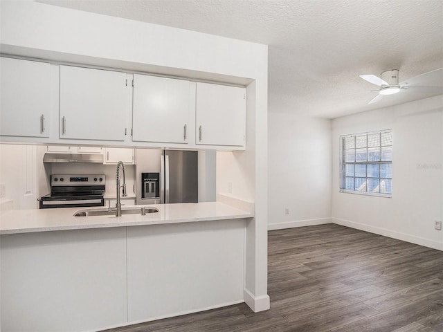 kitchen with a sink, stainless steel appliances, a peninsula, and dark wood-style flooring