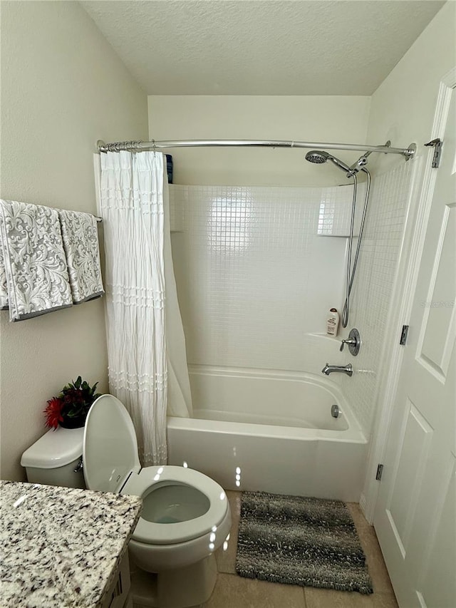 bathroom with a textured ceiling, tile patterned floors, toilet, and shower / bathtub combination with curtain