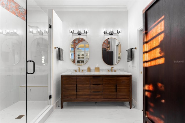 full bathroom with a sink, double vanity, ornamental molding, and a shower stall