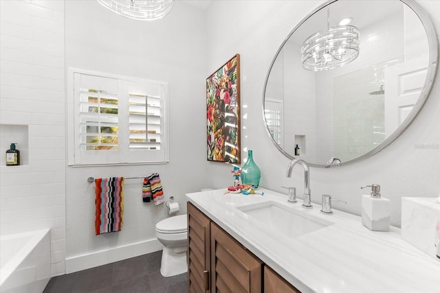 full bath with vanity, a tub, a shower, toilet, and a chandelier