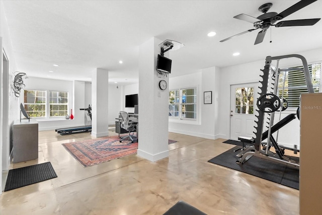 exercise area featuring recessed lighting, baseboards, and ceiling fan