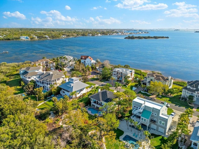 birds eye view of property with a residential view and a water view