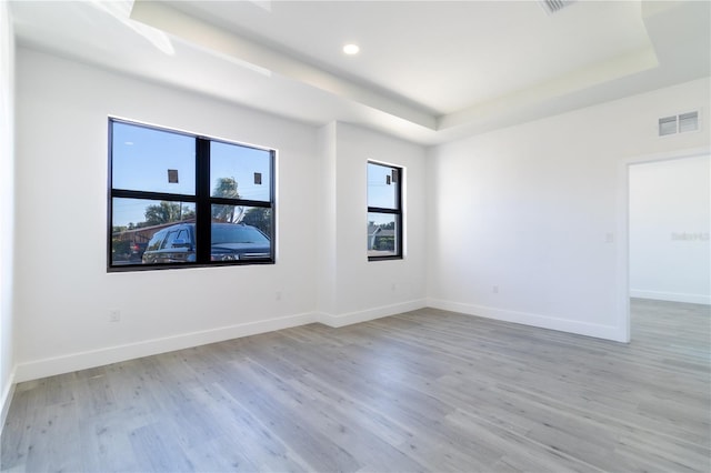 empty room featuring a tray ceiling and light wood-type flooring