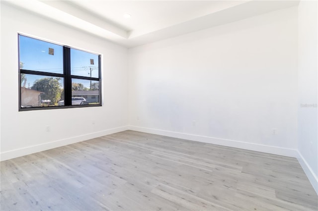 empty room featuring a tray ceiling and light hardwood / wood-style flooring