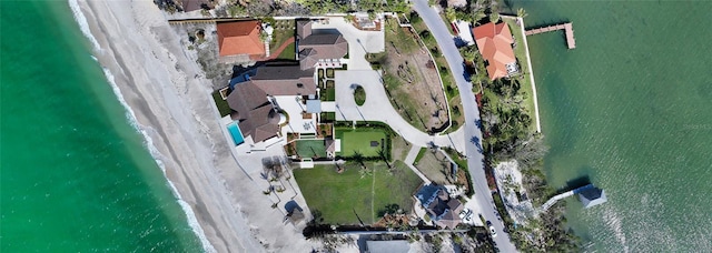 aerial view featuring a residential view and a water view