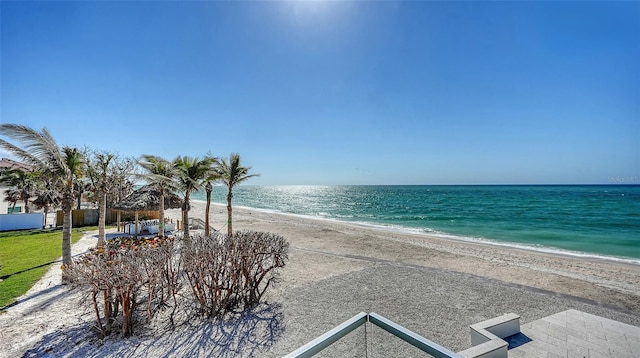 view of water feature with a beach view