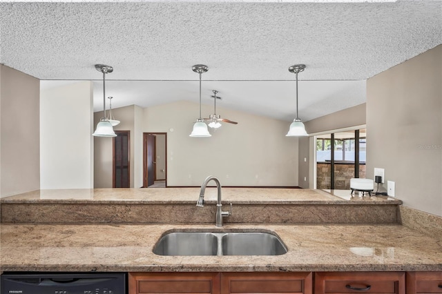 13112 Groveland St, Spring Hill, FL 34609 - kitchen with a sink, vaulted ceiling, brown cabinets, dishwasher, and decorative light fixtures