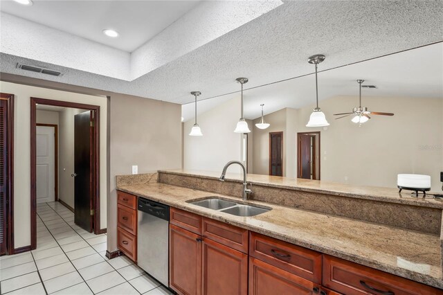 13112 Groveland St, Spring Hill, FL 34609 - kitchen featuring visible vents, vaulted ceiling, stainless steel dishwasher, pendant lighting, and a sink