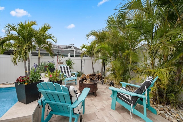 view of patio / terrace featuring an outdoor fire pit, a fenced in pool, and a fenced backyard