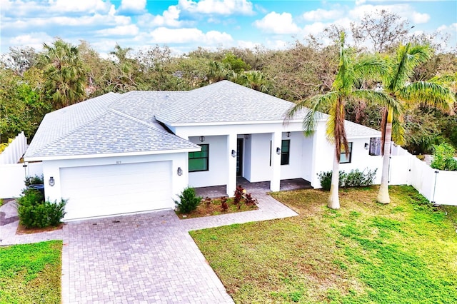 view of front facade with decorative driveway, stucco siding, a front yard, fence, and a garage