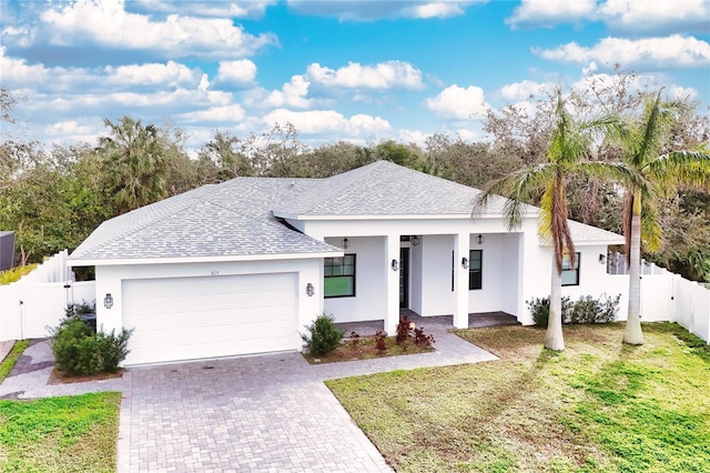 view of front of house with decorative driveway, stucco siding, an attached garage, a front yard, and fence