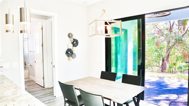 dining area featuring light wood-style floors and a ceiling fan