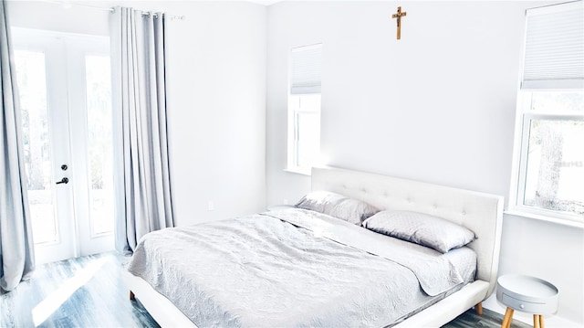 bedroom featuring multiple windows and wood finished floors