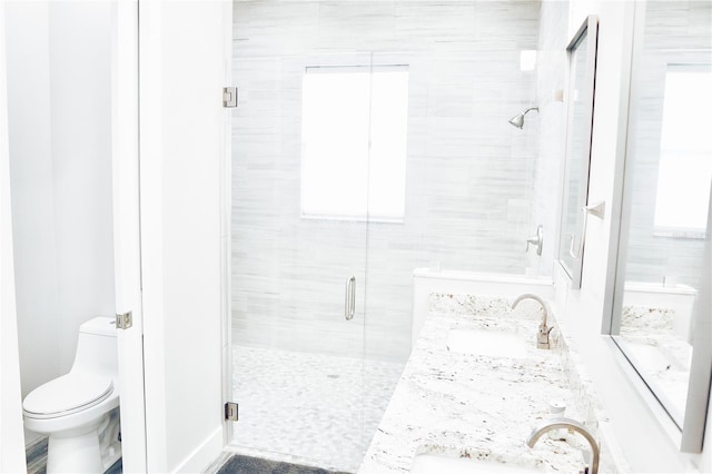 full bathroom featuring toilet, a shower stall, double vanity, and a sink