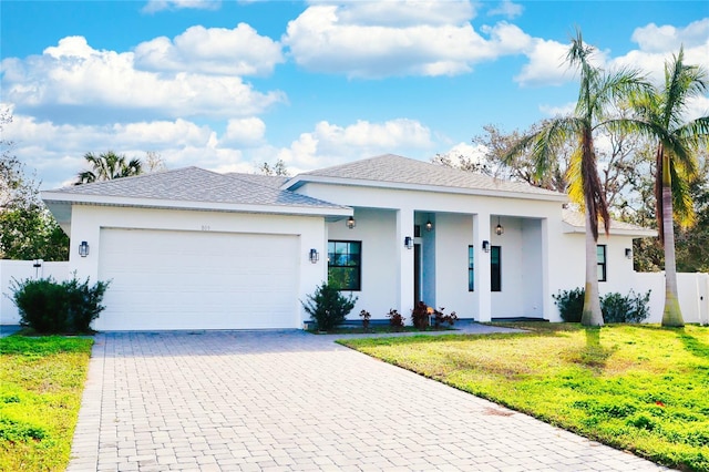 view of front facade with a garage, a front yard, decorative driveway, and stucco siding