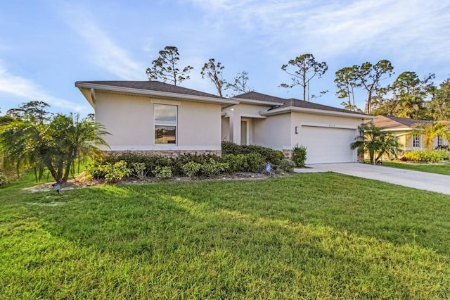 view of front of home with concrete driveway, stone siding, an attached garage, a front lawn, and stucco siding