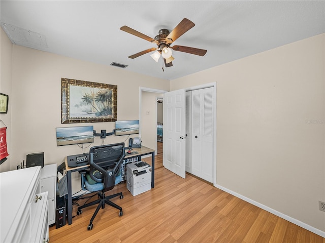 office area with light wood-style flooring, visible vents, ceiling fan, and baseboards