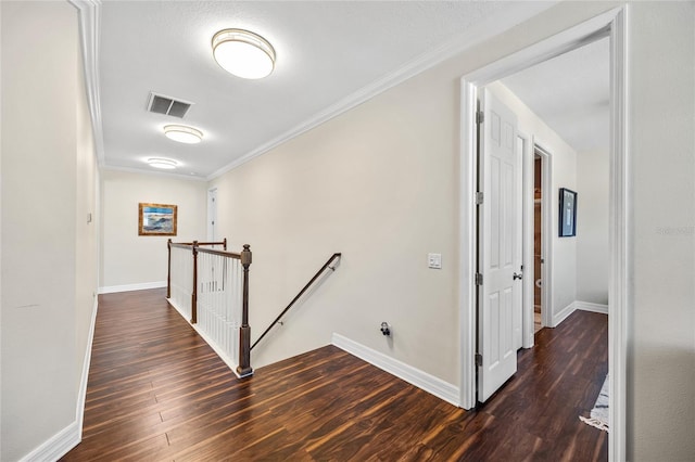 4301 W San Luis St, Tampa, FL 33629 - hallway with dark wood-type flooring, visible vents, baseboards, an upstairs landing, and crown molding