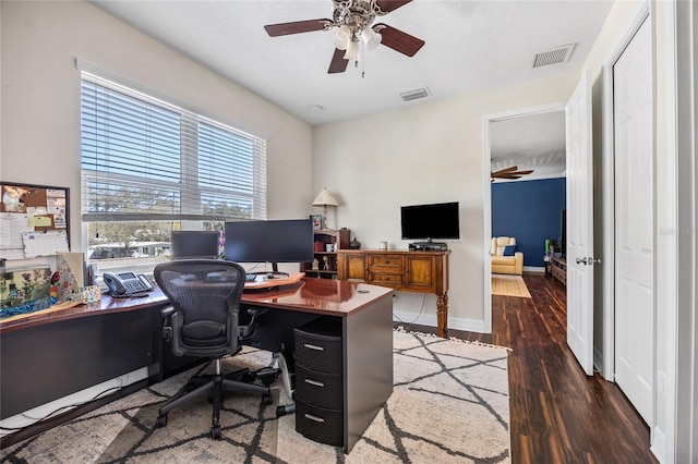 4301 W San Luis St, Tampa, FL 33629 - office space with dark wood-type flooring, visible vents, baseboards, and a ceiling fan