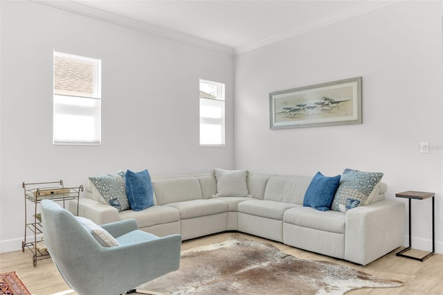 living room with crown molding and light hardwood / wood-style flooring