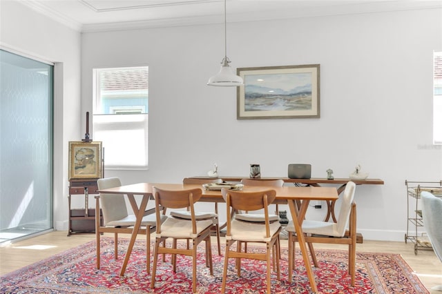 dining room with crown molding and light hardwood / wood-style flooring