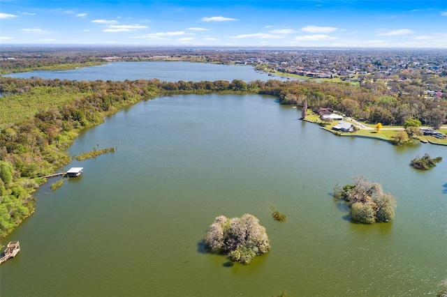 aerial view featuring a water view and a view of trees