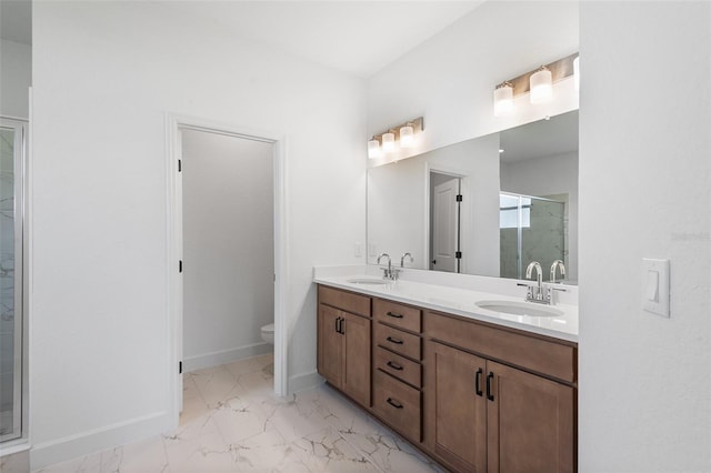 2569 Rogers Rd, Lakeland, FL 33812 - bathroom with marble look tiles, double vanity, and a stall shower