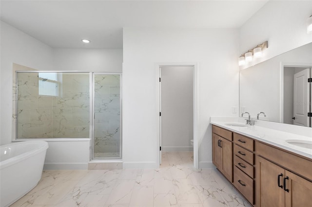 2569 Rogers Rd, Lakeland, FL 33812 - full bathroom with double vanity, a marble finish shower, a soaking tub, recessed lighting, and marble finish floors