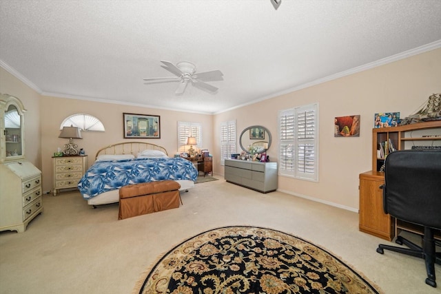 bedroom featuring carpet floors, crown molding, a ceiling fan, a textured ceiling, and baseboards