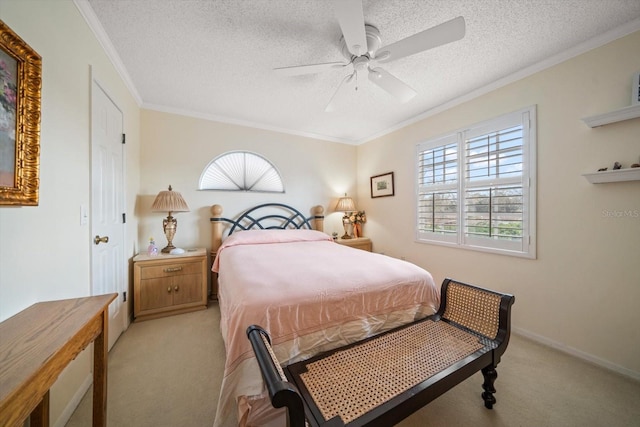 bedroom with light carpet, multiple windows, ornamental molding, and a textured ceiling