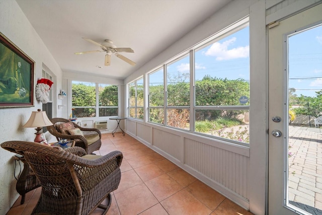 sunroom / solarium featuring ceiling fan