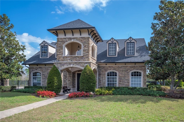 view of front of home with roof with shingles, fence, and a front yard