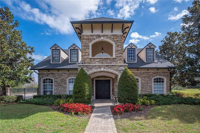 view of front facade featuring a shingled roof, fence, and a front lawn