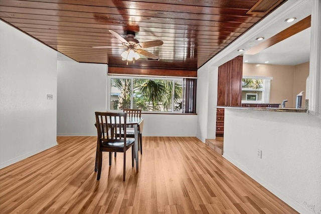 dining room featuring visible vents, light wood-style floors, a ceiling fan, wood ceiling, and baseboards