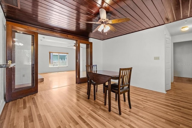 dining area with ceiling fan, wooden ceiling, visible vents, and light wood-style floors