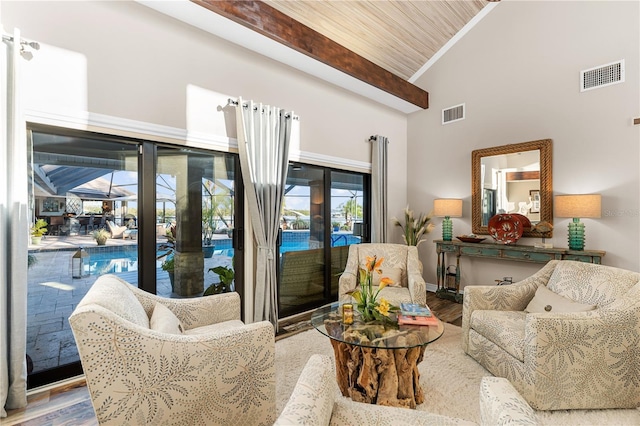 living room featuring visible vents, wooden ceiling, high vaulted ceiling, and wood finished floors