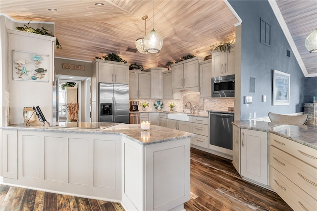 kitchen with pendant lighting, a peninsula, wooden ceiling, stainless steel appliances, and dark wood-style flooring