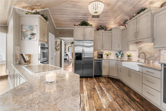 kitchen with decorative backsplash, appliances with stainless steel finishes, wood ceiling, and a sink