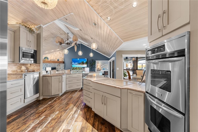 kitchen with wood ceiling, stainless steel appliances, a peninsula, and a chandelier