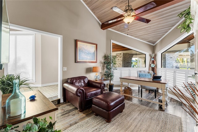 home office with crown molding, wood finished floors, wooden ceiling, and ceiling fan