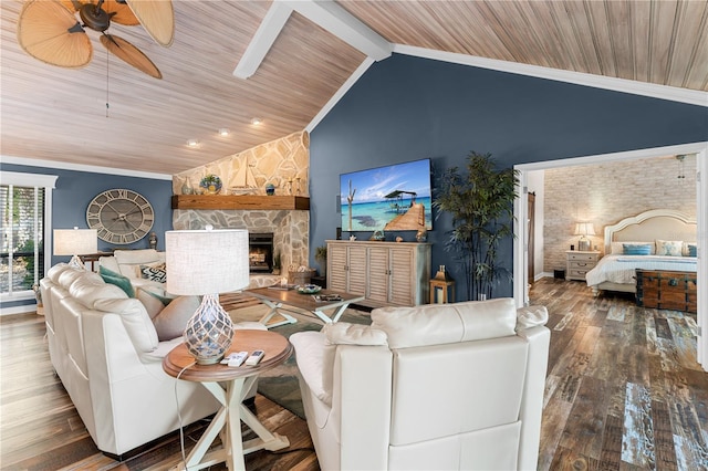 living area with wooden ceiling, vaulted ceiling with beams, a fireplace, and wood-type flooring