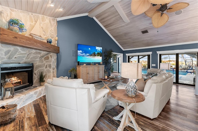 living room with wood ceiling, a fireplace, vaulted ceiling with beams, and wood finished floors