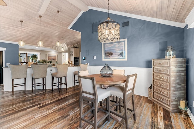 dining area with wood finished floors, visible vents, a wainscoted wall, vaulted ceiling with beams, and wood ceiling