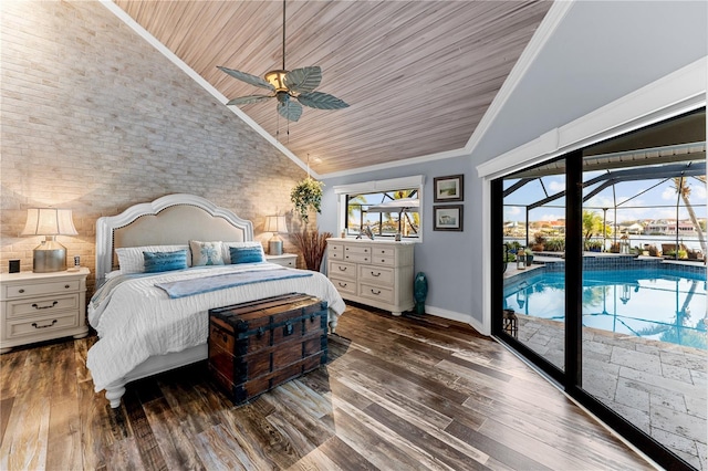 bedroom featuring wood ceiling, a sunroom, ornamental molding, wood finished floors, and access to outside