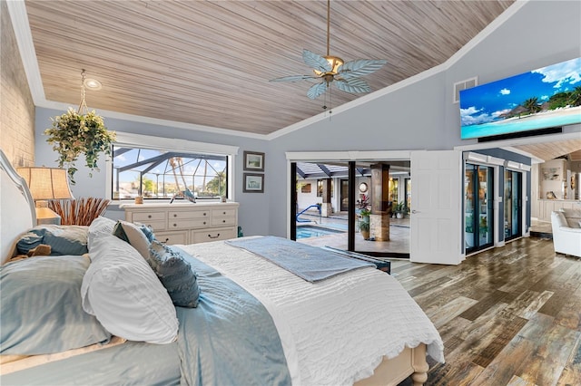 bedroom with wood finished floors, visible vents, ornamental molding, wood ceiling, and access to outside