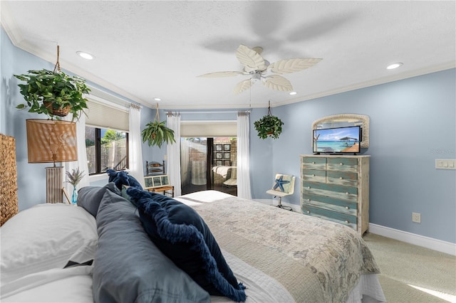 carpeted bedroom with recessed lighting, baseboards, a textured ceiling, and crown molding