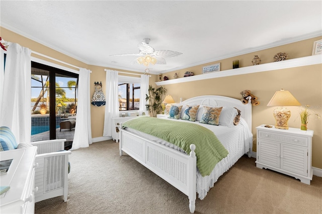 bedroom with ceiling fan, access to exterior, crown molding, and light carpet