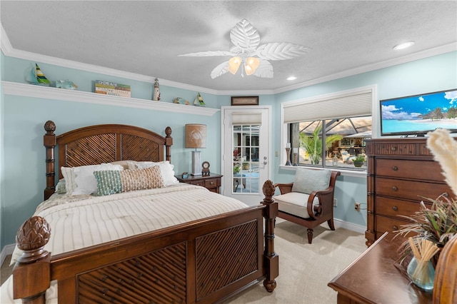 bedroom featuring light carpet, ornamental molding, access to outside, a textured ceiling, and ceiling fan